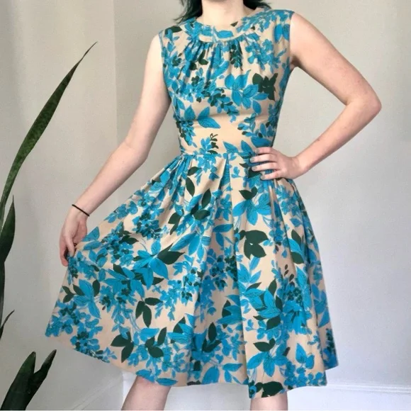 Vintage 1950's-60's Stacey Ames Pleated Neck Sleeveless Floral Sun Dress - Picture 1 of 16